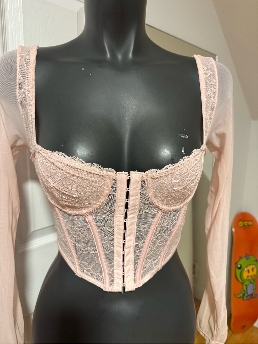 Sheer Lace Long-Sleeve Bustier in Blush Pink - Picture 3 of 5